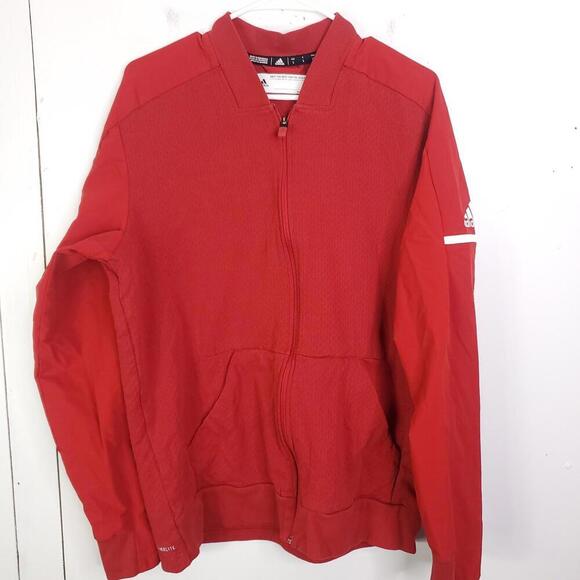 Adidas Jacket Mens Large Red Power Mock Neck Squad Bomber Full Zip Pockets - Picture 1 of 11